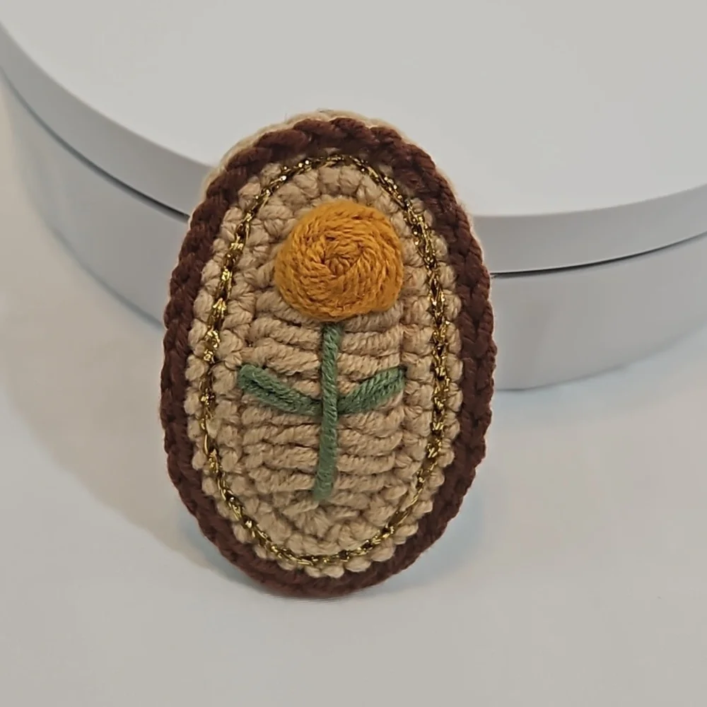 Hand Crafted Hand Knit Crochet Hair Clip Handmade embroidery yellow rose beige